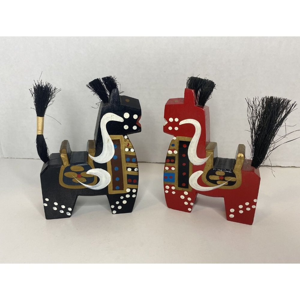 Pair of Vintage Japanese Yahata-uma Wooden Horses - Hand Carved & Painted Artisa
